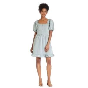 Who What Wear Women's Dress Small Chambray Twill Puff Sleeve Mini Ruffle Hem NWT